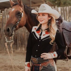 Rodeo Quincy Rodeo Rose Western Button Up Black Shirt with Red Rose Embroidery